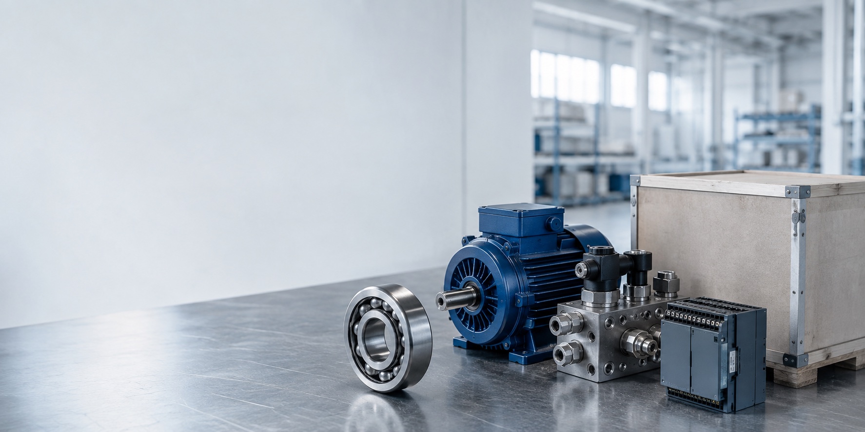 Industrial motor, bearing, hydraulic equipment and control components prepared for European supply